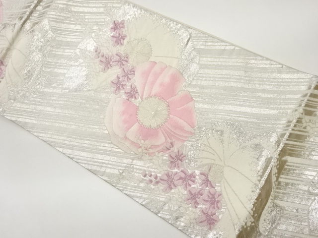 斜線に花々模様織出し袋帯